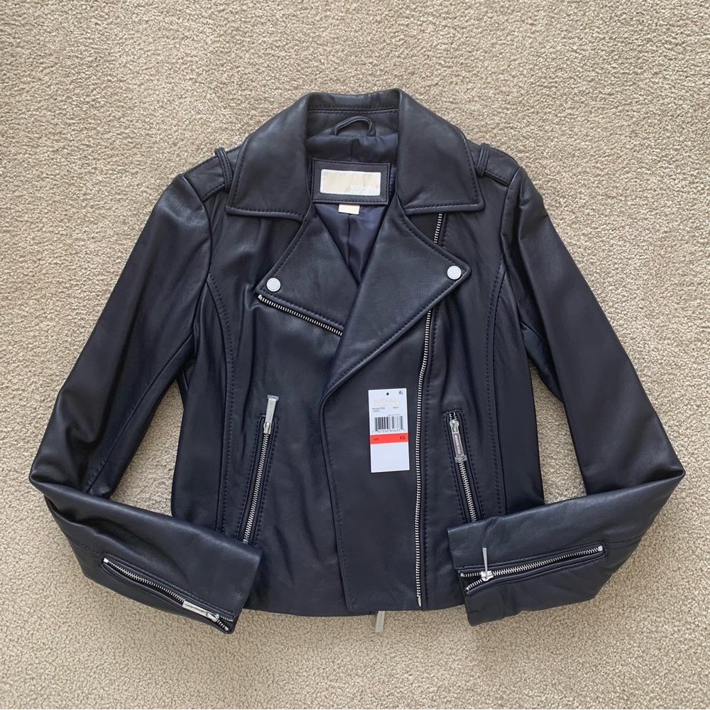 NWT $450 Michael Kors Leather Moto Bomber Jacket XS Navy Motorcycle